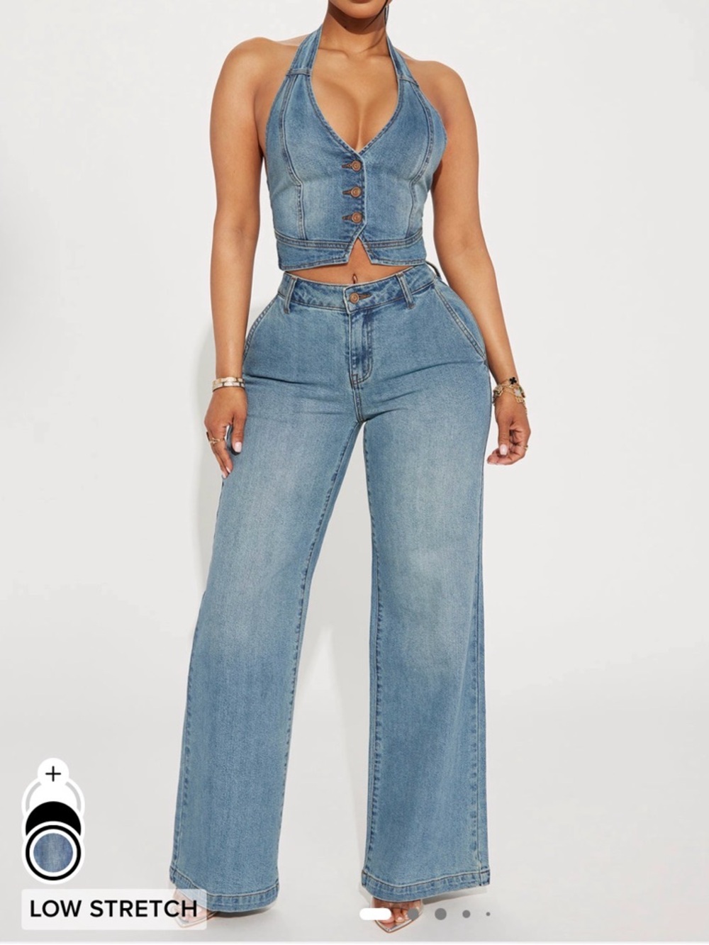 Denim High-Waist Wide-Leg Jeans and halter top set - Light Blue